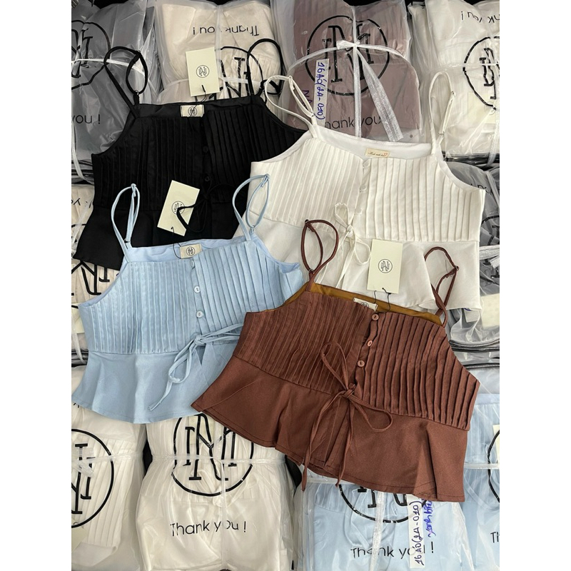[Mya house] ÁO LINEN HAI DÂY THẮT NƠ XẾP LI NGỰC VIBE TOP