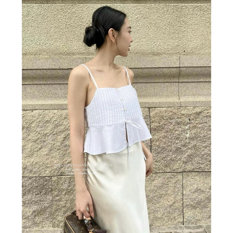 [Mya house] ÁO LINEN HAI DÂY THẮT NƠ XẾP LI NGỰC VIBE TOP