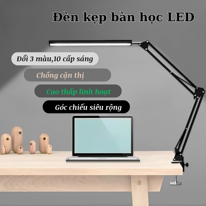 Đèn bàn học, đọc sách bóng Led 3 màu siêu sáng 10 chế độ chống cận - Đèn kẹp bàn Pixar hiện đại, tiết kiệm không gian