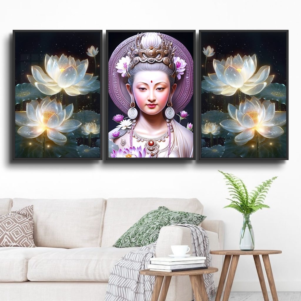 Bộ 3 Tấm Tranh Hoa Sen Tranh Gỗ Tráng Gương - Tranh Phật- Quan Thế Âm Bồ Tát - Tranh Tráng Gương Treo Tường Hiện Đại