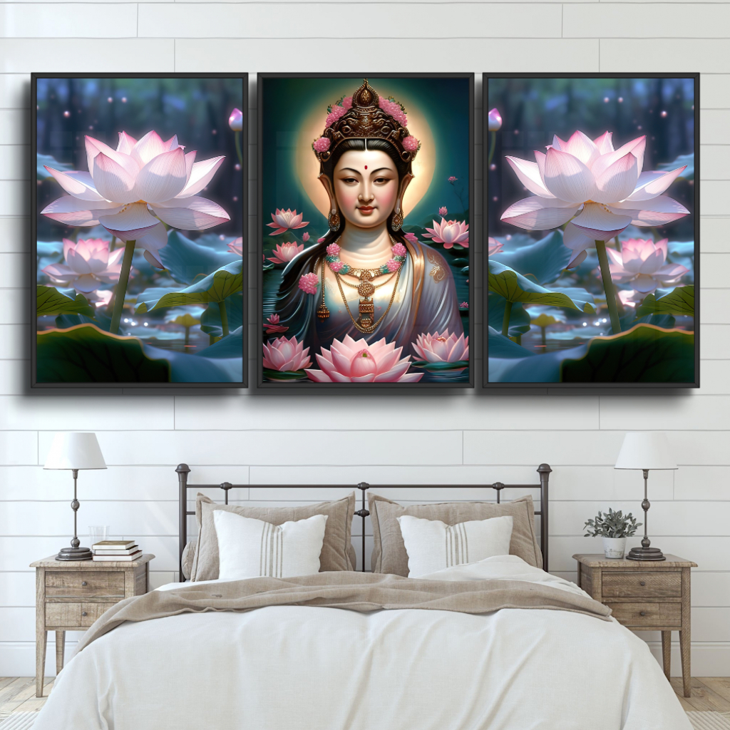 Bộ 3 Tấm Tranh Hoa Sen Tranh Gỗ Tráng Gương - Tranh Phật- Quan Thế Âm Bồ Tát - Tranh Tráng Gương Treo Tường Hiện Đại