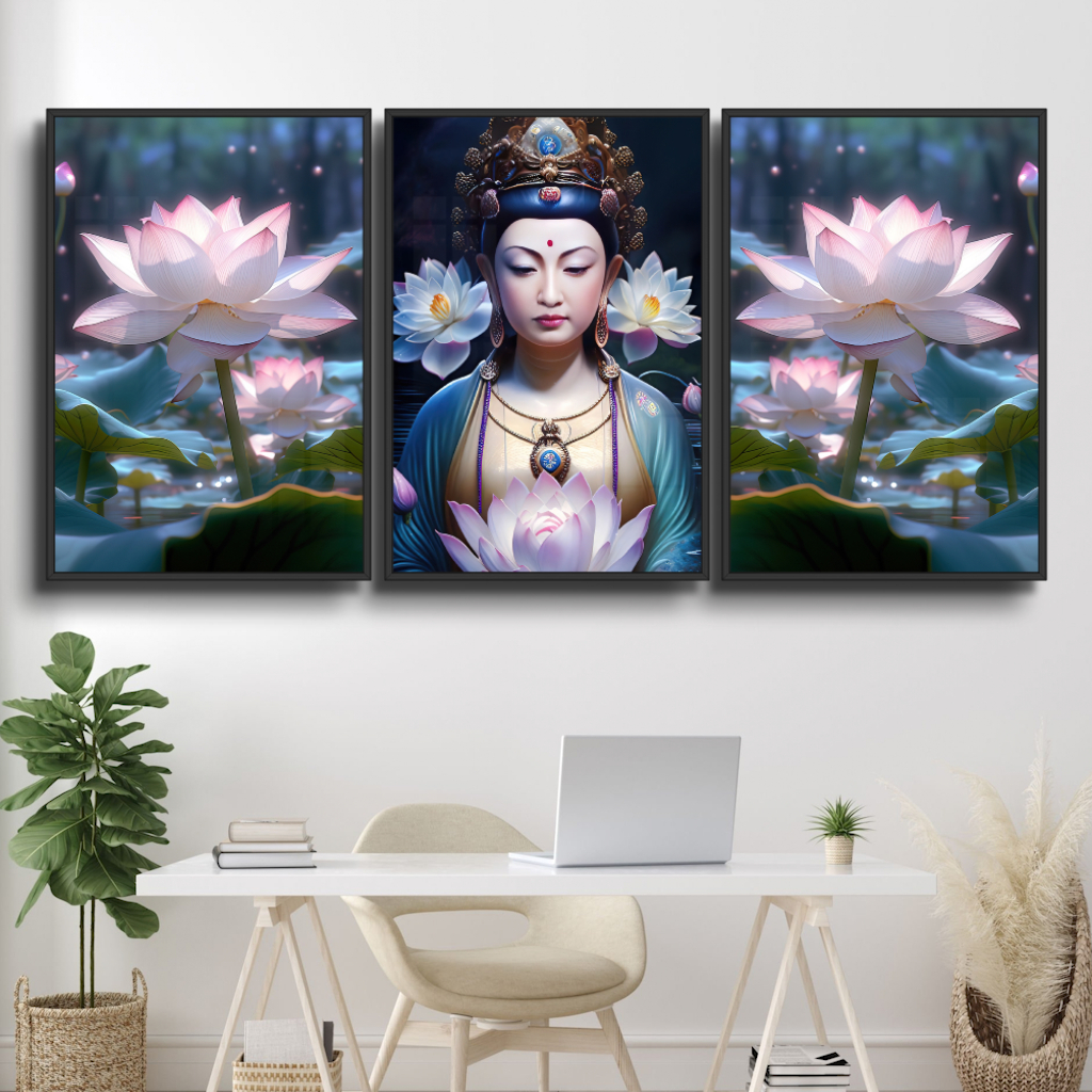 Bộ 3 Tấm Tranh Hoa Sen Tranh Gỗ Tráng Gương - Tranh Phật- Quan Thế Âm Bồ Tát - Tranh Tráng Gương Treo Tường Hiện Đại