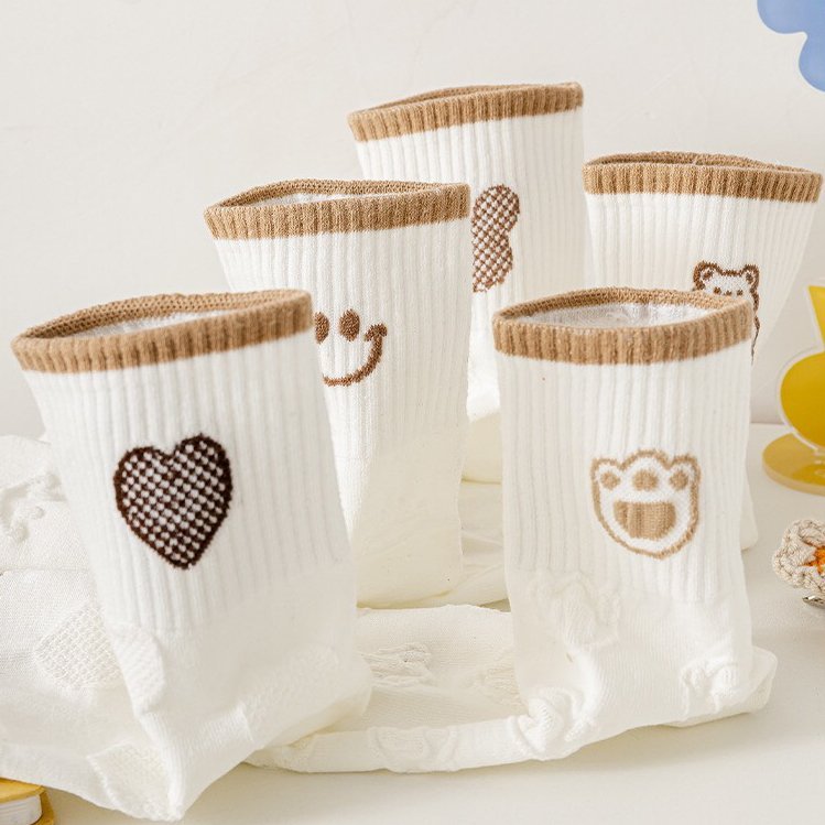 Tất vứ nữ màu trắng set 5 đôi cổ cao họa tiết thêu tinh tế, chất liệu cotton co giãn thoáng khí - Ekiu Shop