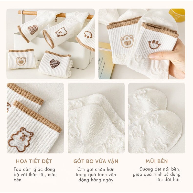 Tất vứ nữ màu trắng set 5 đôi cổ cao họa tiết thêu tinh tế, chất liệu cotton co giãn thoáng khí - Ekiu Shop