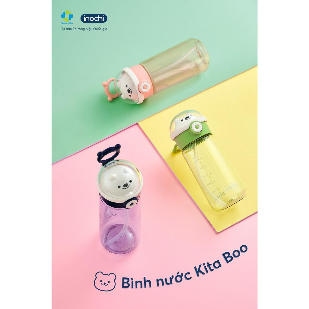 Bình nước KITA BOO, KITA GUMMY INOCHI có quai cầm, có ống hút dễ sử dụng cho bé,an toàn, vạch chia rõ ràng