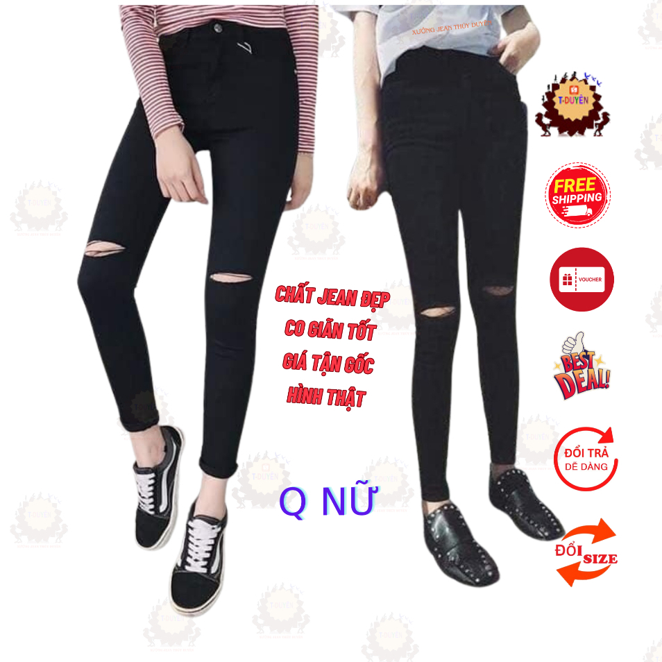 QUẦN JEAN NỮ RÁCH VÀ TRƠN MÀU ĐEN TÔN GIÁNG, Quần bò nữ rách ngang gối ...