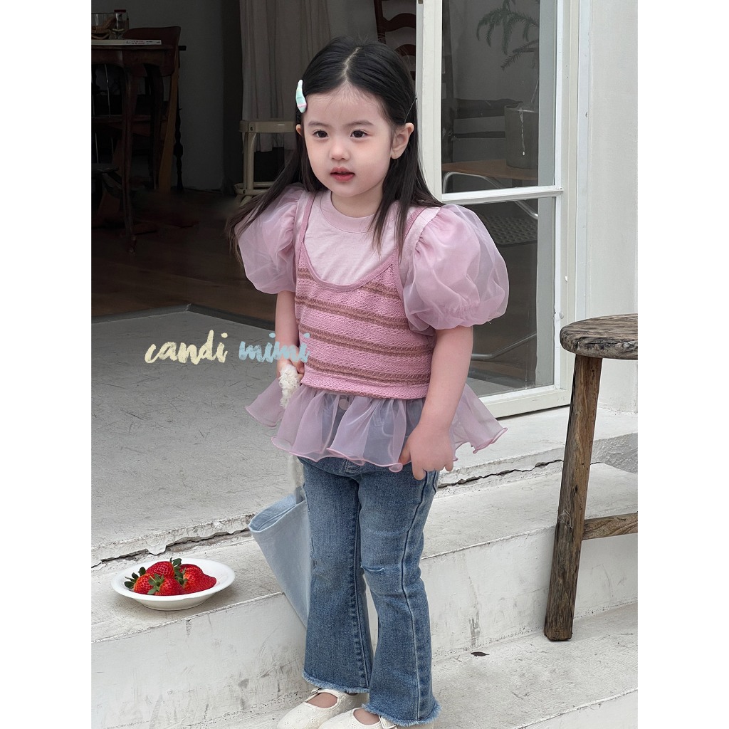 CANDIMIMI Áo Giả Yếm Kẻ Tay Voan Bồng Dễ Thương Cho Bé Gái 2024 - Chất Liệu Cao Cấp Mềm Mát