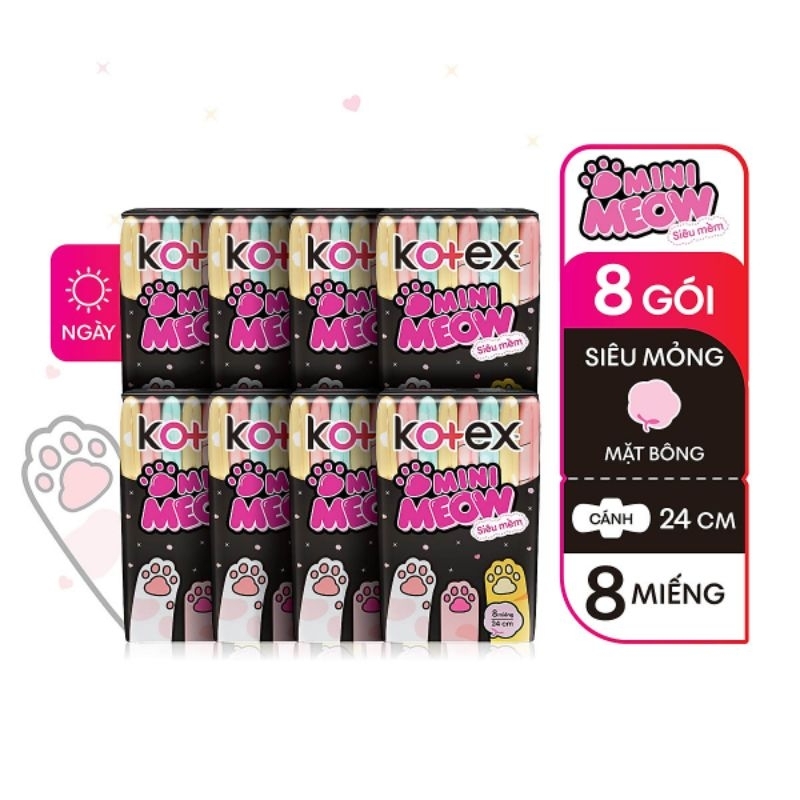 Bộ 8 gói băng vệ sinh Kotex Mini meow siêu mềm 24cm 8 miếng/gói