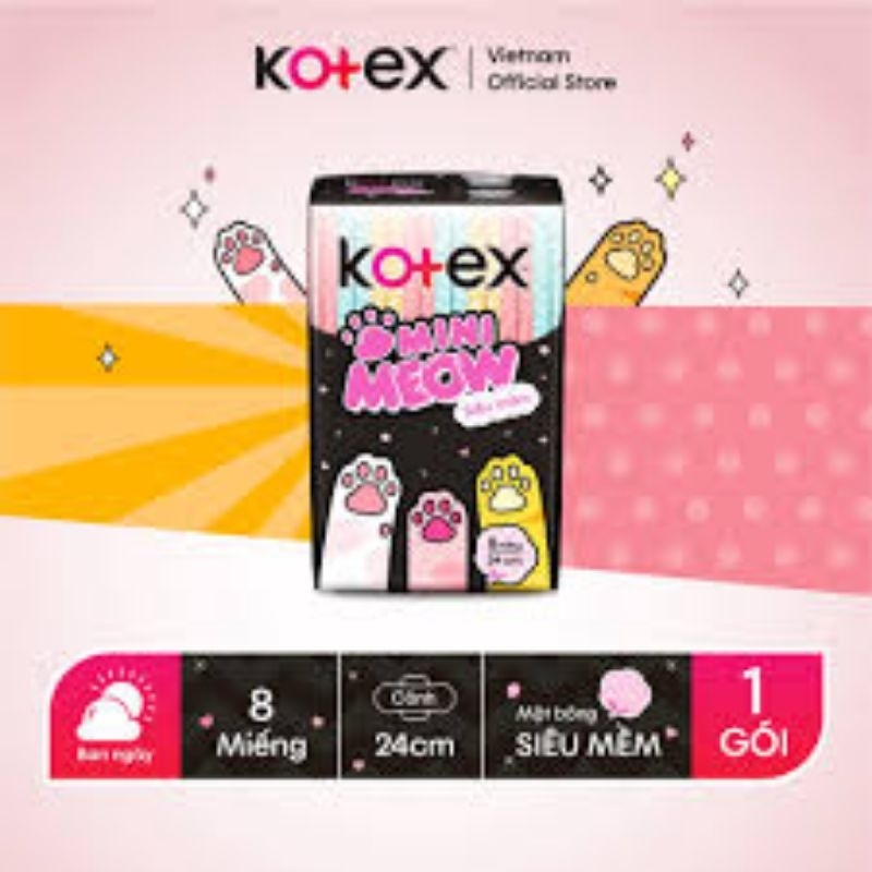 Bộ 16 gói băng vệ sinh Kotex Mini meow siêu mềm 8 miếng/gói 24cm