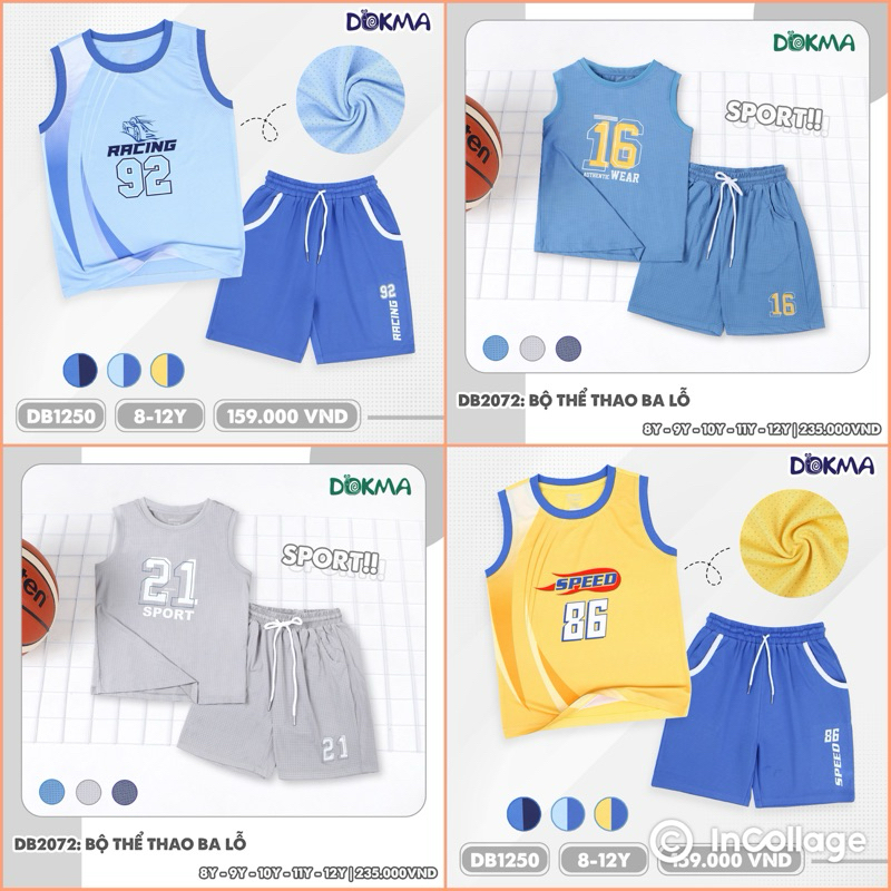 (21-38kg) Bộ ba lỗ, sát nách thể thao kids bé trai Dokma Mã DB1250 DB1558 DB2072 DB2627 DB2625