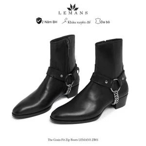 Giày Zip Boots LEMANS ZB01.3 màu đen, da bò, đế cao 5cm trẻ trung, bảo hành 12 tháng