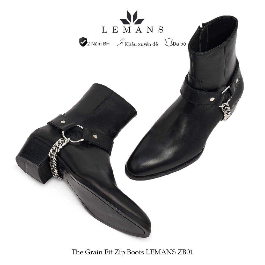 Giày da bò Zip Boots nam LEMANS ZB01.1, cao 5.5cm khâu đế, phối đai xích tạo 3 mẫu boot, BH 12T