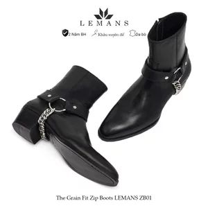 Giày da bò Zip Boots nam LEMANS ZB01.1, cao 5.5cm khâu đế, phối đai xích tạo 3 mẫu boot, BH 12T