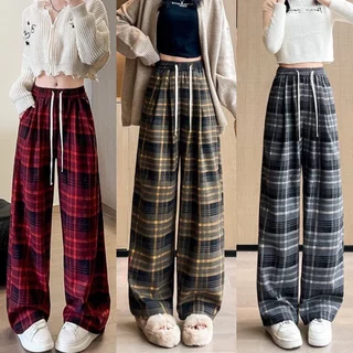 Quần Suông Kẻ Ông Rộng Cạp Cao Chất Vải Dày Dặn Có Dây Rút Lên Dáng Siêu Xinh