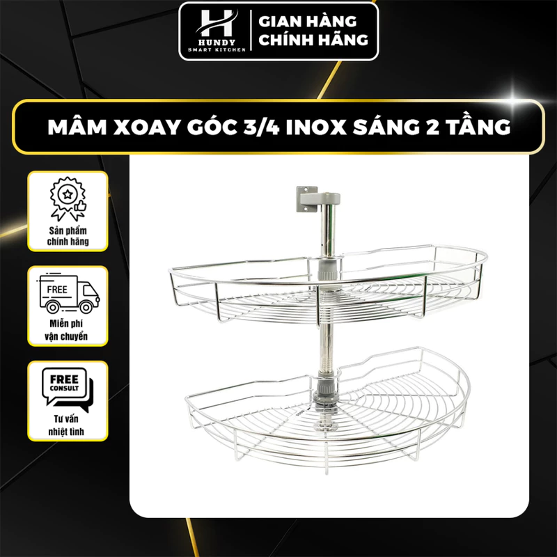 Kệ Bếp Tổng Kho Phụ Kiện Hundy - Mâm Xoay Góc 3/4 Inox Sáng Bóng 2 Tầng Bền Bỉ Tiện Lợi Tải Trọng 25Kg — ảnh 1