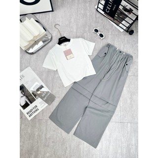 Set Bộ Đồ Nữ Áo Croptop Trắng Basic Ngắn Tay Mix Quần Suông Xám Ghi Nút Đen Dây Rút Eo Freesize