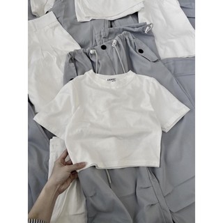 Set Bộ Đồ Nữ Áo Croptop Trắng Basic Ngắn Tay Mix Quần Suông Xám Ghi Nút Đen Dây Rút Eo Freesize