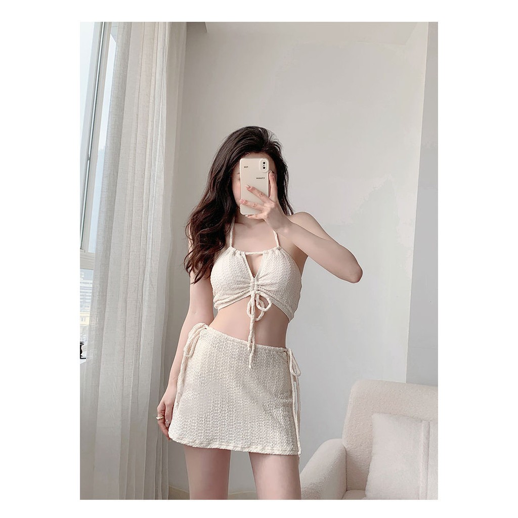Đồ bơi đi biểt set ba chi tiết xốp nhăn áo yêm tiểu thư, BIKINI HAN.T