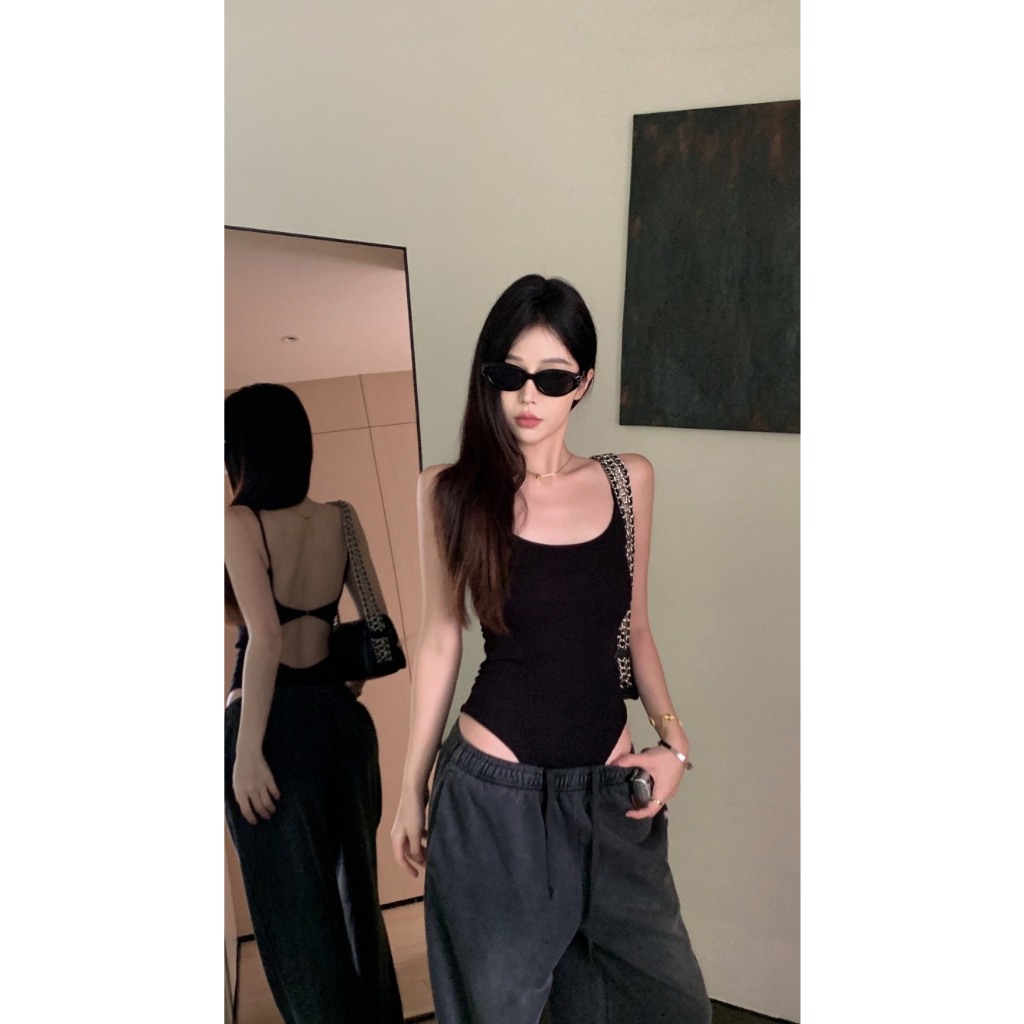 Áo Bodysuit Hai Dây CÓ MÚT RANSHI Thiết Kế Hở Lưng Phối Khoen Tròn Sexy Chất Thun Tăm Lạnh Thoáng Mát - RBS035