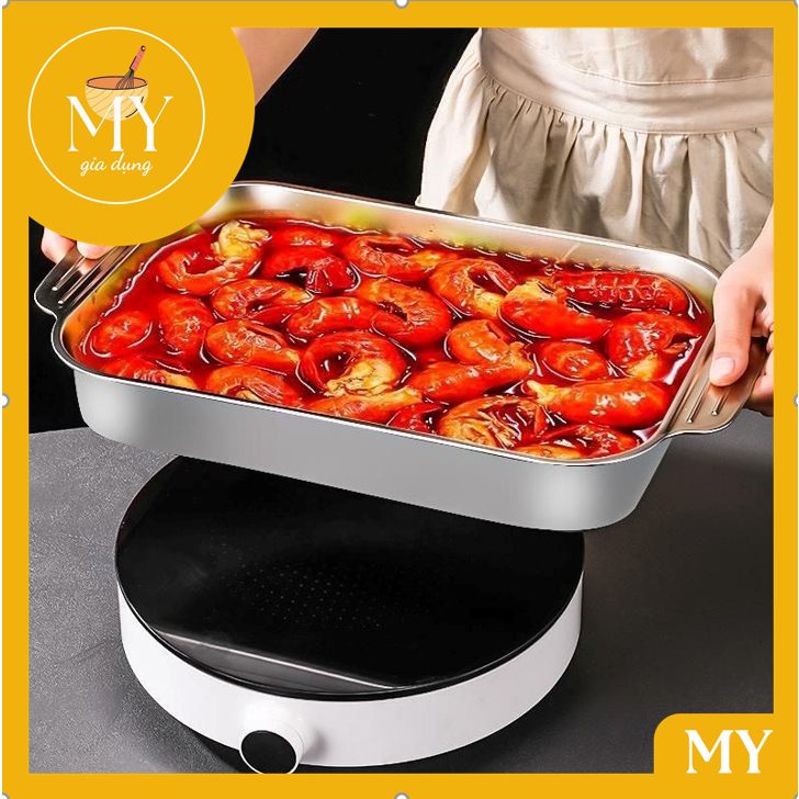 Khay inox 304 đựng thức ăn, đựng topping, nấu lẩu,..- Khay inox đa năng hàng loại 1 có tay cầm , sử dụng được bếp từ