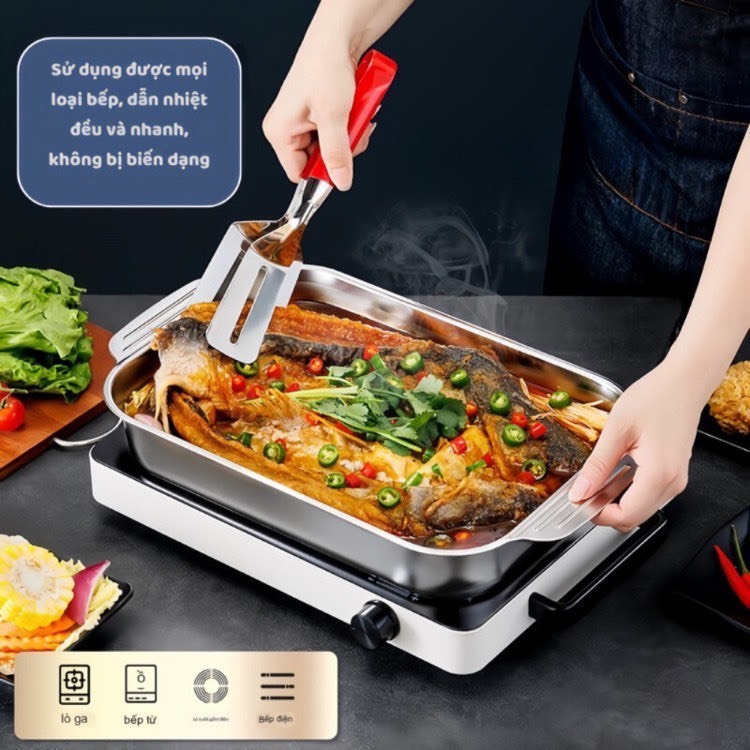 Khay inox 304 đựng thức ăn, đựng topping, nấu lẩu,..- Khay inox đa năng hàng loại 1 có tay cầm , sử dụng được bếp từ