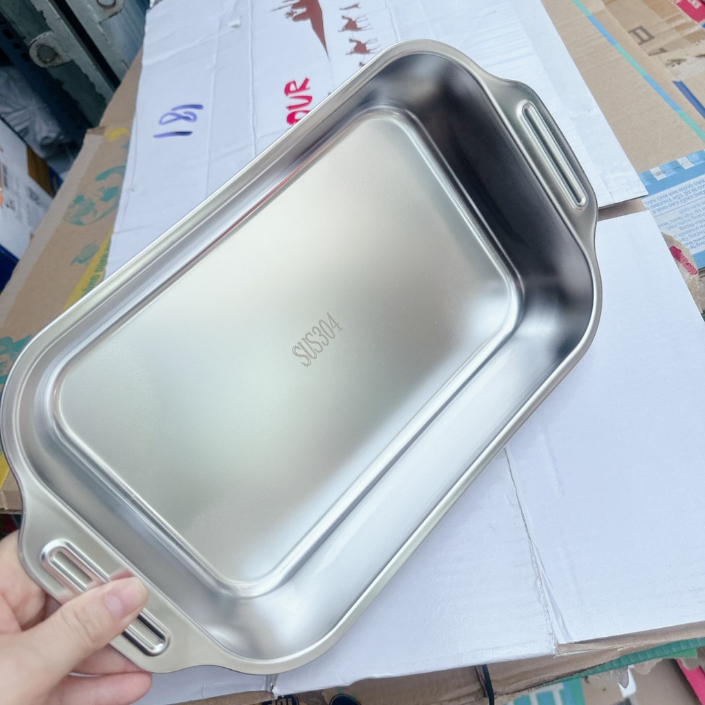 Khay inox 304 đựng thức ăn, đựng topping, nấu lẩu,..- Khay inox đa năng hàng loại 1 có tay cầm , sử dụng được bếp từ