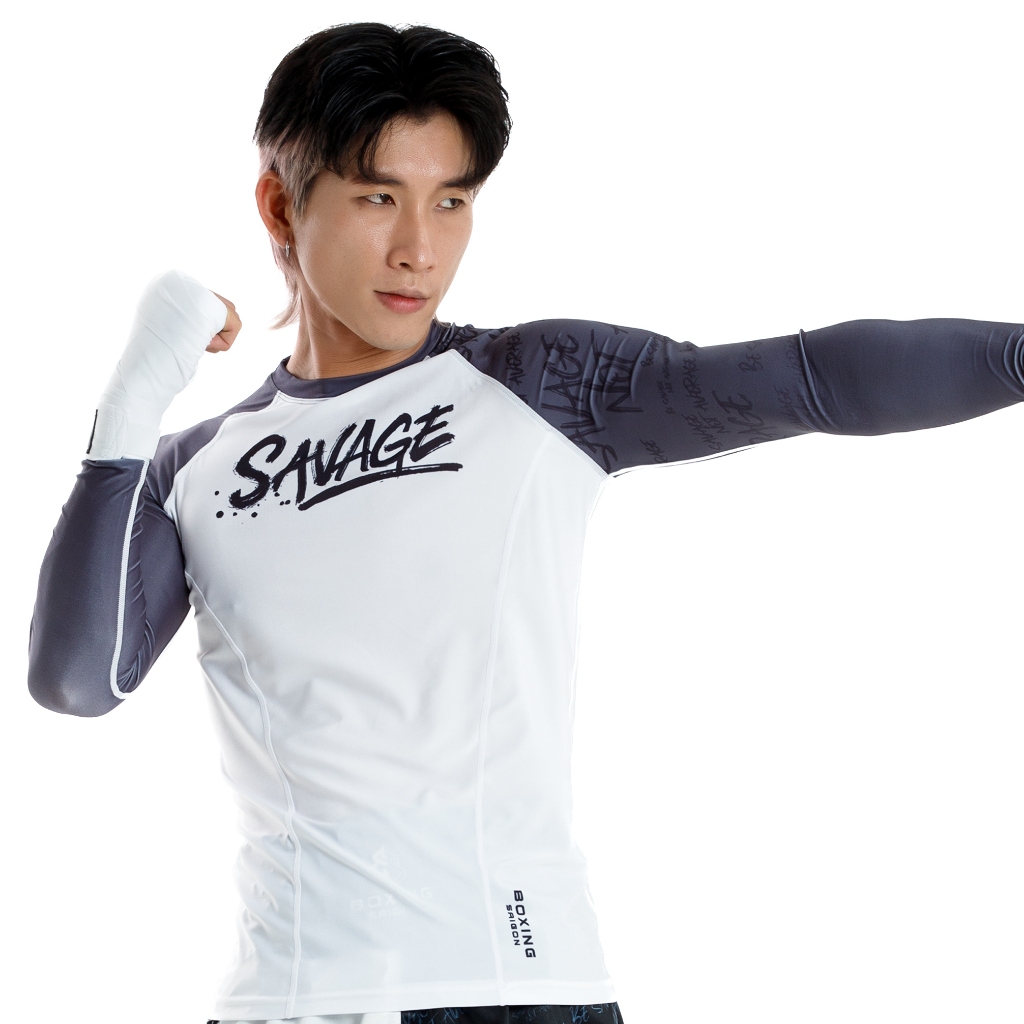 Áo bó Boxing Saigon Savage Rashguard - White/Grey | Shopee Việt Nam