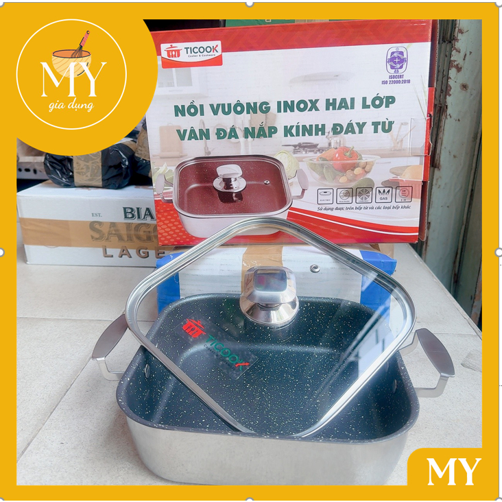 Nồi vuông - chảo vuông Ticcok vân đá 2 lớp đáy từ có quai cầm kèm nắp - Nồi vuông vân đá chống dính sử dụng mọi loại bếp