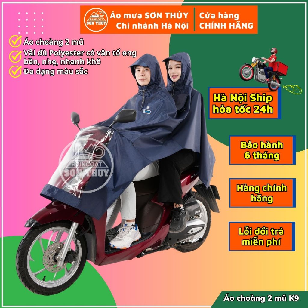 Áo mua 2 đầu K9 Sơn Thủy vải dù sợi Polyeste- Áo mưa 2 mũ to rộng, phù hợp cho cả nam và nữ. mã K9