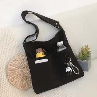 (023) Túi tote đeo chéo trơn chất liệu vải canvas chất lượng cao, Túi đeo vai trắng đen phong cách basic Hàn Quốc