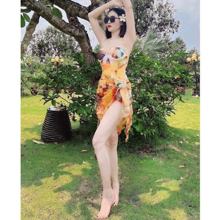 ĐỒ BƠI ĐI BIỂN MỘT MẢNH LIỀN THÂN  CAM KÈM KHĂN  BIKINI HAN.T