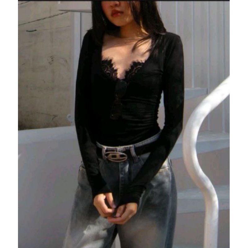 Áo Cổ Tim Trễ Ngực Sâu Dài Tay Chất Cotton, Áo Thun Tay Dài Cổ V (áo kèm bra bên trong)