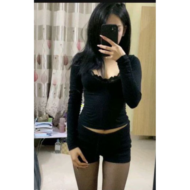 Áo Cổ Tim Trễ Ngực Sâu Dài Tay Chất Cotton, Áo Thun Tay Dài Cổ V (áo kèm bra bên trong)
