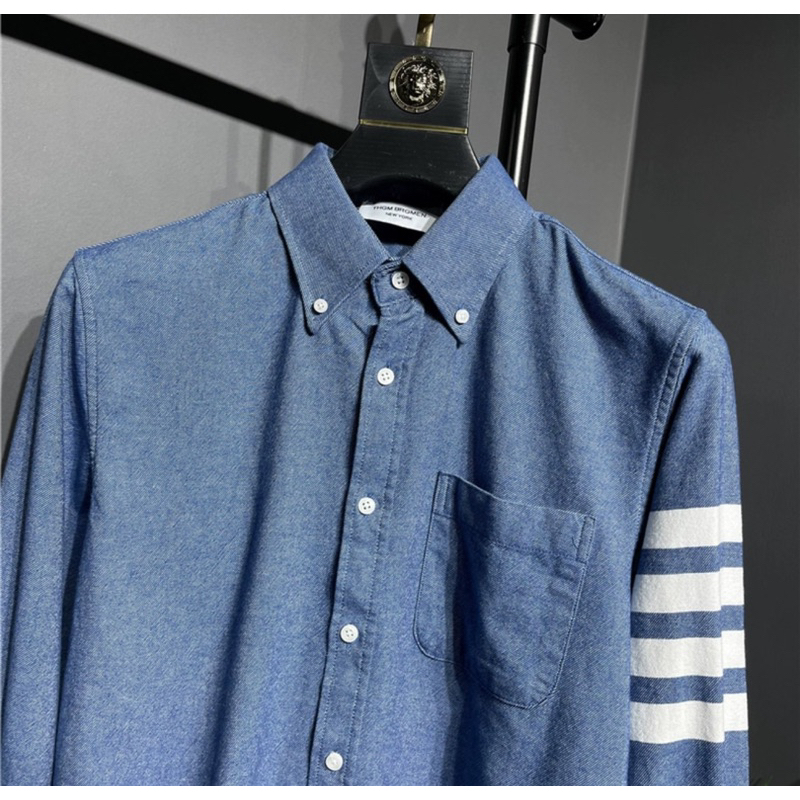 ⚡️[Hight Quality] Áo Sơ Mi Th.om Xanh Lam Vải Oxford - Điểm Nhấn 4 Vạch Trắng Cao Cấp - Qccc Hottrend Nam Nữ TB