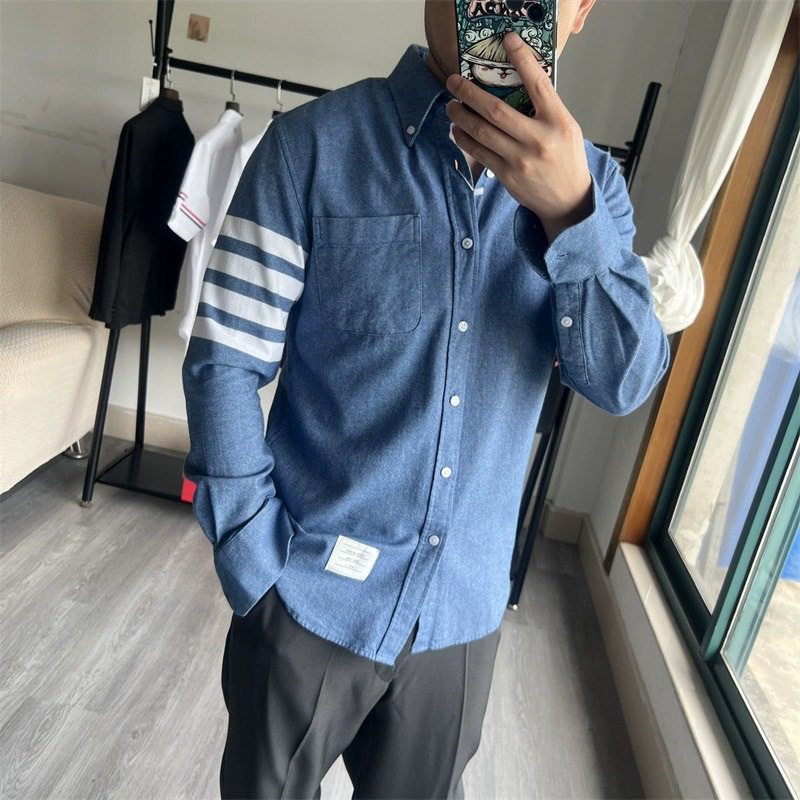 ⚡️[Hight Quality] Áo Sơ Mi Th.om Xanh Lam Vải Oxford - Điểm Nhấn 4 Vạch Trắng Cao Cấp - Qccc Hottrend Nam Nữ TB