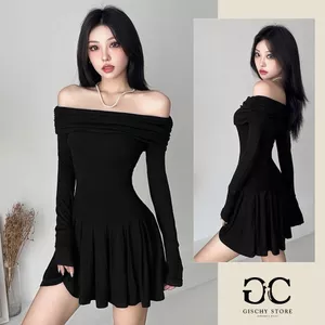 GC30-[CÓ SIZE] Đầm Body Tay Dài Trễ Vai GISCHY Thiết Kế Xếp Ly Form Siêu Xinh Váy Vải Mềm Mát Style Hàn Quốc