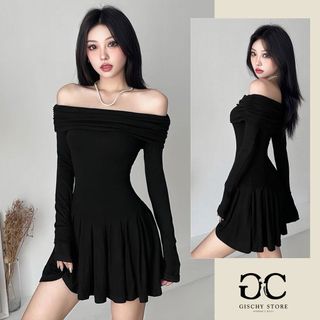 GC30-[CÓ SIZE] Đầm Body Tay Dài Trễ Vai GISCHY Thiết Kế Xếp Ly Form Siêu Xinh Váy Vải Mềm Mát Style Hàn Quốc