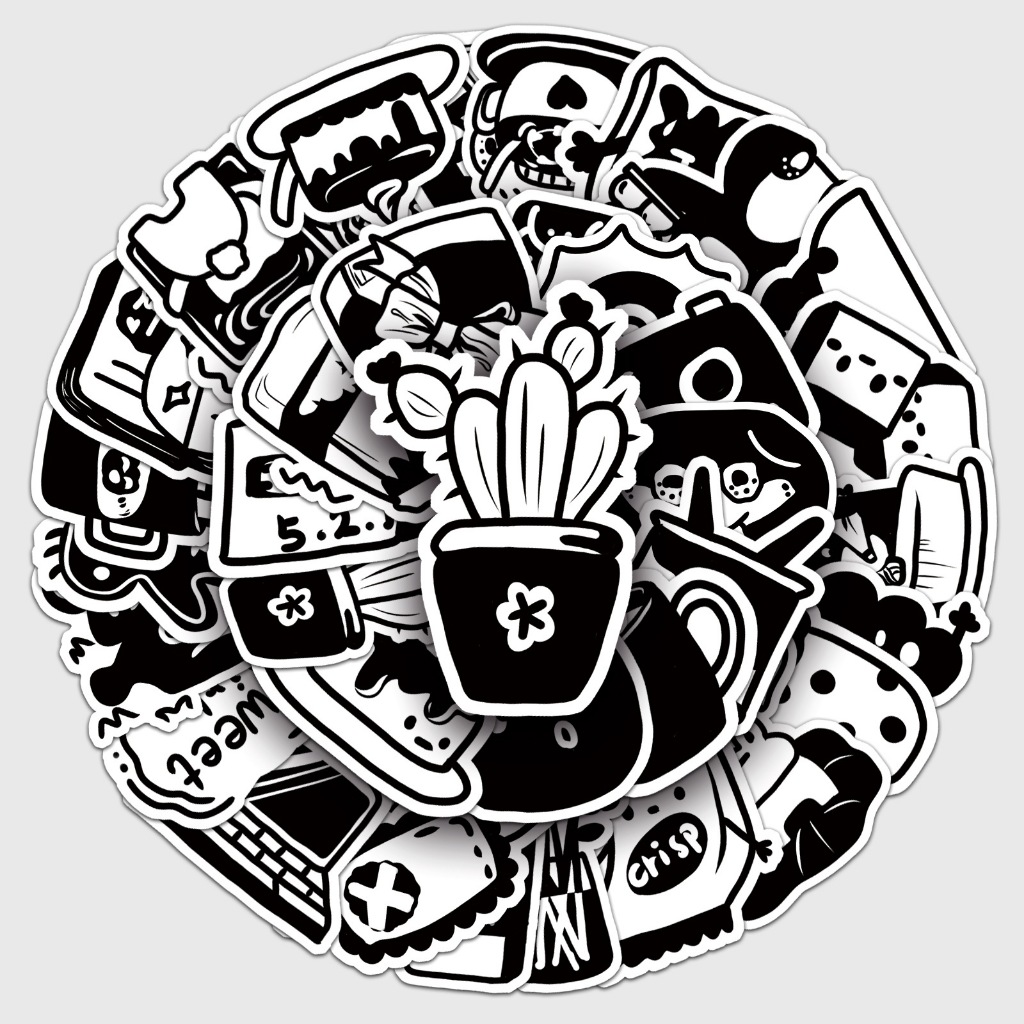 50 Sticker Hoạt hình Đen Trắng Dễ Thương Cute dán trang trí laptop, mũ ...