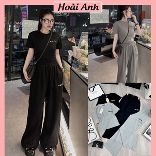 Set Bộ Đồ Nữ Tăm Thêu Miumiu Áo Len Tăm Ngắn Tay Ôm Body Thêu Nổi Mix Quần Xuông Dài Ống Rộng Freesize