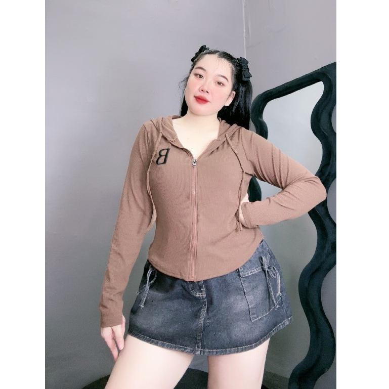 Áo Thun Kiểu Croptop Bigsize Thêu Chữ B Có Mũ Chùm To Kéo Khóa Chất Thun Gân Tôn Dáng Dễ Thương G25