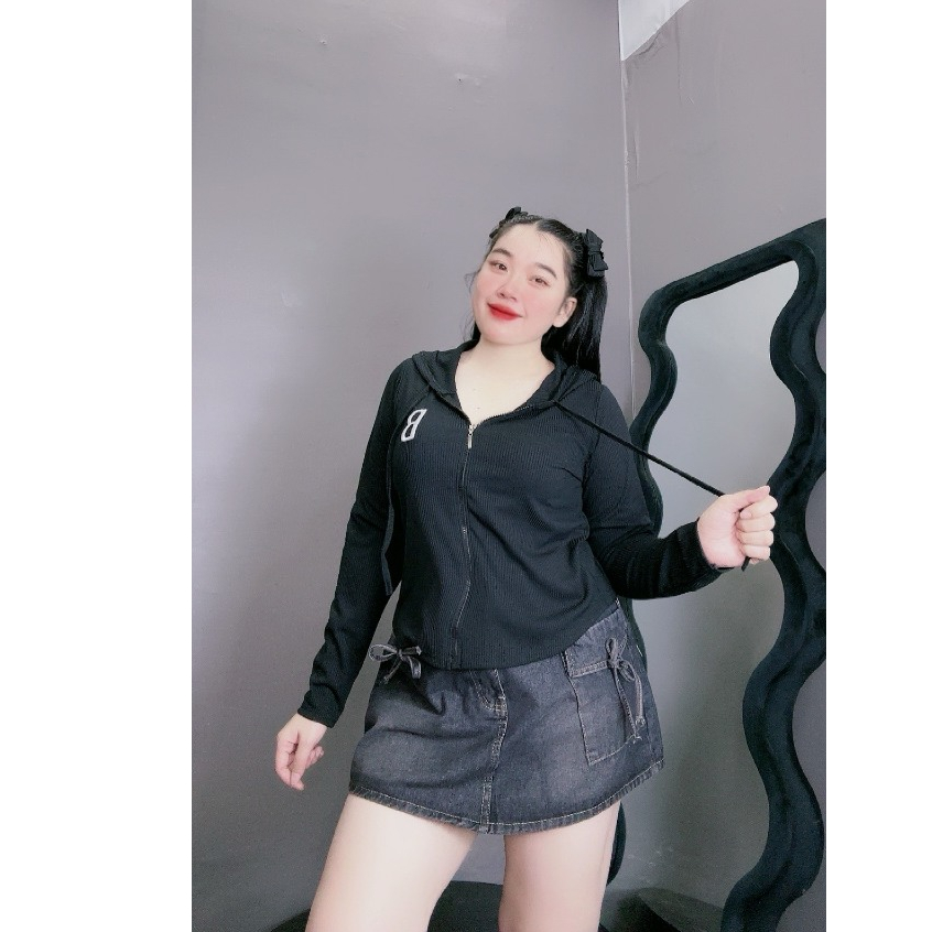 Áo Thun Kiểu Croptop Bigsize Thêu Chữ B Có Mũ Chùm To Kéo Khóa Chất Thun Gân Tôn Dáng Dễ Thương G25