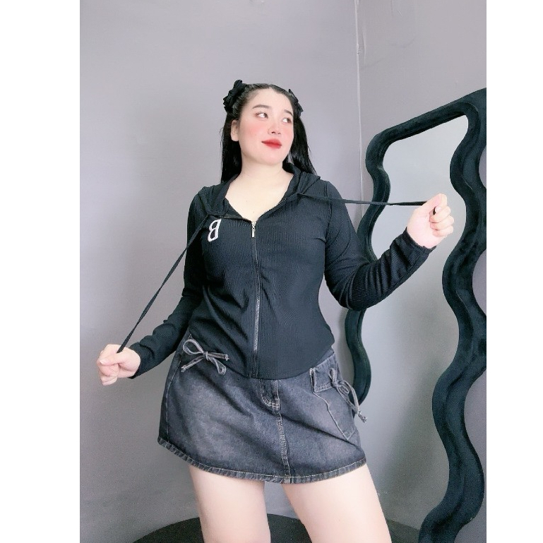 Áo Thun Kiểu Croptop Bigsize Thêu Chữ B Có Mũ Chùm To Kéo Khóa Chất Thun Gân Tôn Dáng Dễ Thương G25