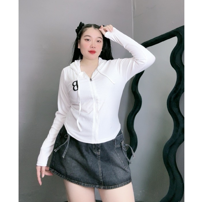 Áo Thun Kiểu Croptop Bigsize Thêu Chữ B Có Mũ Chùm To Kéo Khóa Chất Thun Gân Tôn Dáng Dễ Thương G25