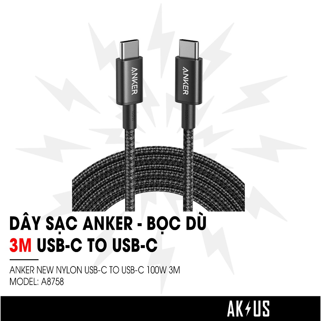 Dây Sạc Anker New Nylon USB-C to USB-C 100W (bọc dù) 3M - A8758 ...