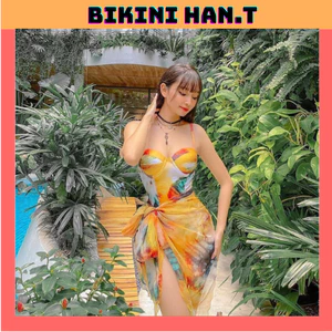 ĐỒ BƠI ĐI BIỂN MỘT MẢNH LIỀN THÂN CAM KÈM KHĂN BIKINI HAN.T