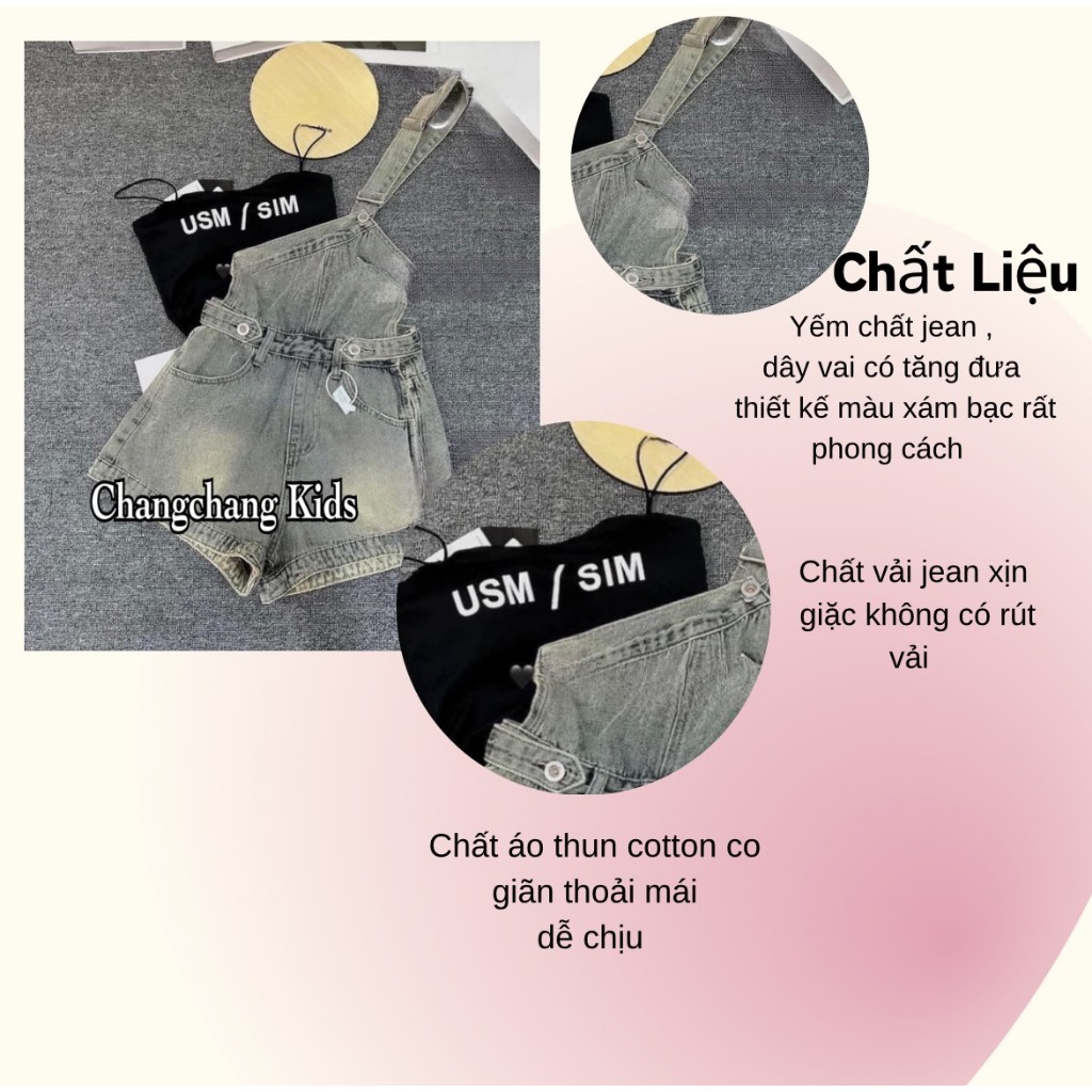 Yếm jean bé gái kiểu dáng lêch vai thời trang phong cách hàn quốc đi chơi dạo phố chụp ảnh, cho bé gái và mẹ từ 13-56kg
