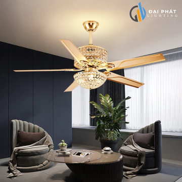 Quạt Trần, Quạt Trần Đèn 5 Cánh Thép Pha Lê Động Cơ Lõi Đồng 100% Trang Trí Phòng Khách (BH 5 năm)