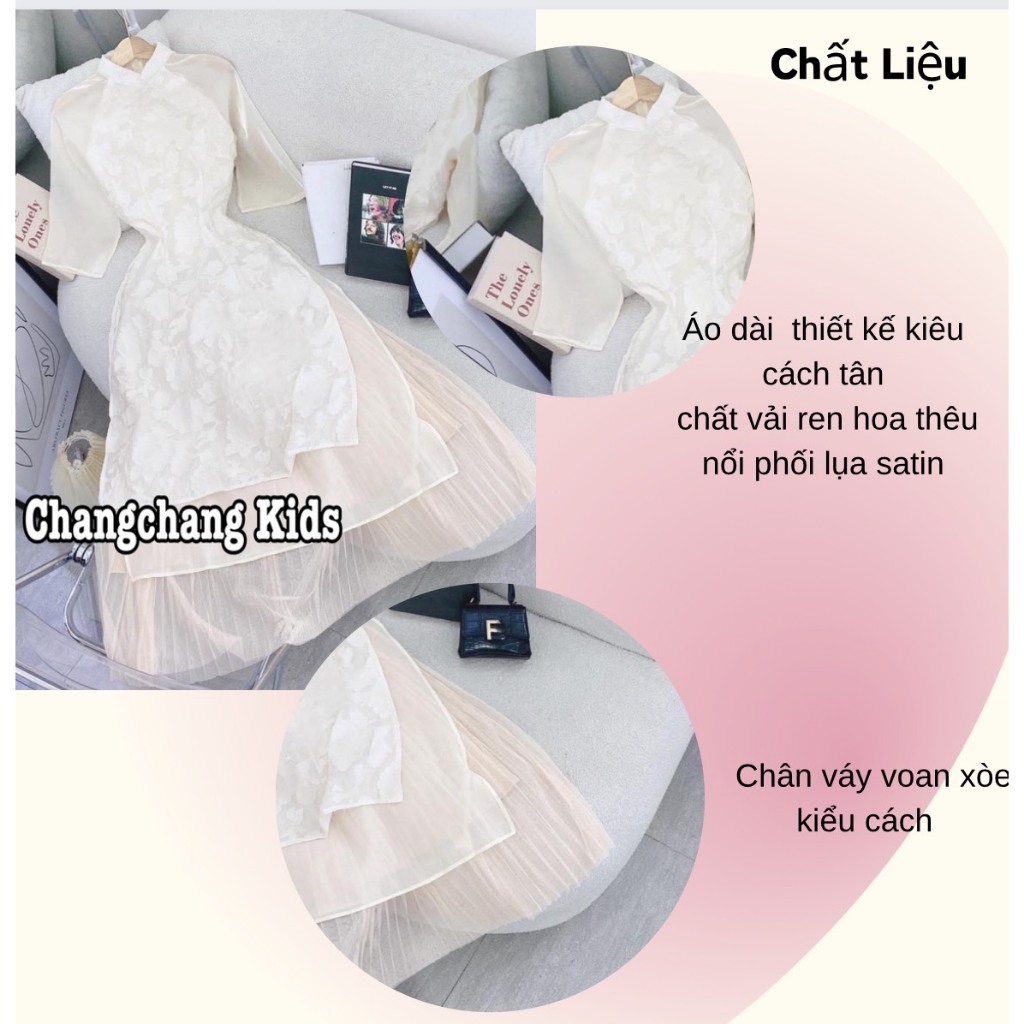 Bộ áo dài trắng phối ren chân váy dập li size từ 15-55kg cho mẹ và bé