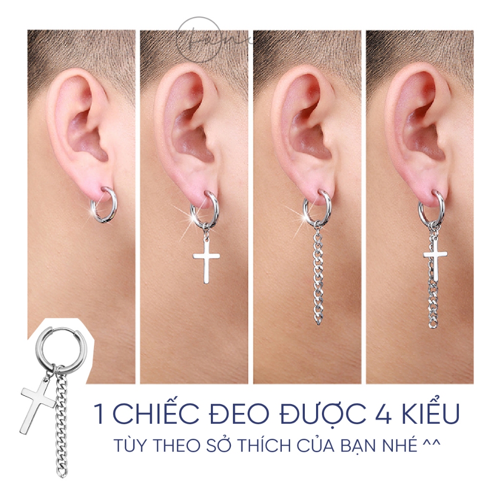 Khuyên tai dáng dài dài xích titan khuyên thánh giá nam cá tính không gỉ khoen tròn hoa tai nam thời trang kẹp | fancy