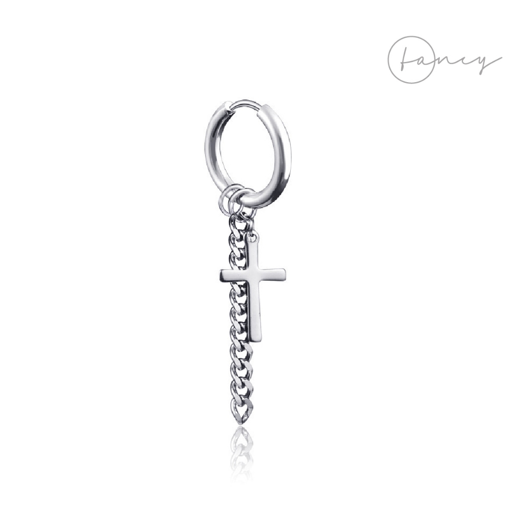 Khuyên tai dáng dài dài xích titan khuyên thánh giá nam cá tính không gỉ khoen tròn hoa tai nam thời trang kẹp | fancy